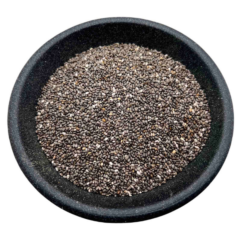 Chia seeds in a dark bowl